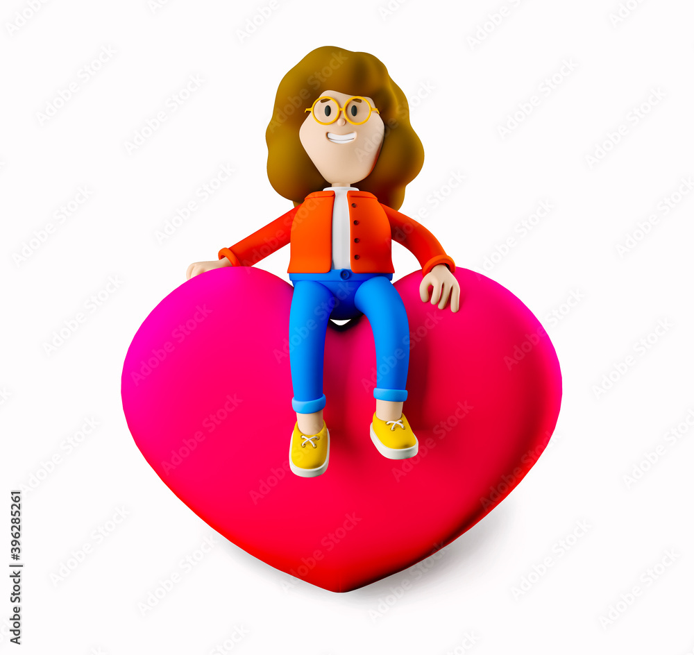 Girl Susie sits on a big heart. Valentine's Day. 3d illustration. 3d rendering Girl Susie sits on a big heart. Valentine's Day. 3d illustration. 3d rendering