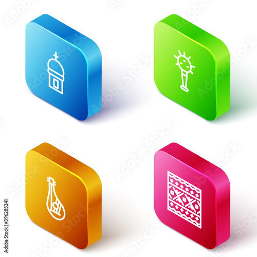 Set Isometric line Church tower, Mace, Bandura and Ukrainian ethnic pattern icon. Vector.