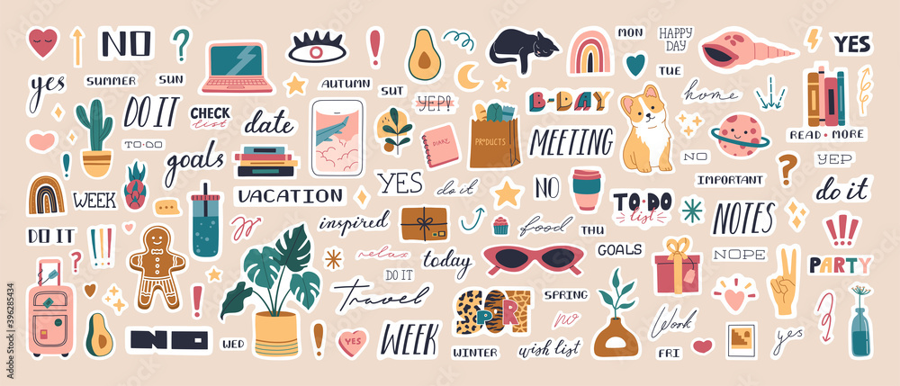 Big collection of trendy planner stickers for diaries and to do list. Cute weekly pictures and lettering, modern scheduler and organizer motivation quote. Colored vector flat cartoon illustration - obrazy, fototapety, plakaty 