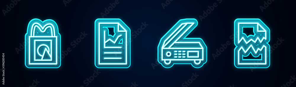 Set line Paper shopping bag, Document with graph chart, Scanner and Torn document. Glowing neon icon. Vector. Set line Paper shopping bag, Document with graph chart, Scanner and Torn document. Glowing neon icon. Vector.