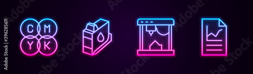 Set line CMYK color mixing, Printer ink cartridge, 3D printer and Document with graph chart. Glowing neon icon. Vector.