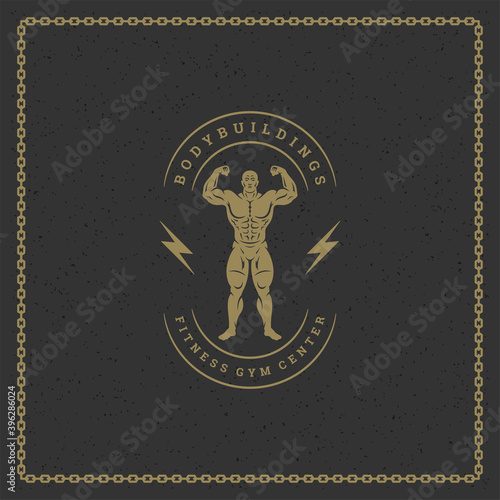 Bodybuilder man logo or badge vector illustration, male bodybuilding symbol silhouette.