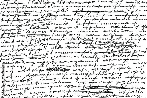 Grunge texture of unreadable handwritten text with corrections and strikethroughs. Illegible , sloppy, sloppy handwriting. Vector illustration. Overlay template.