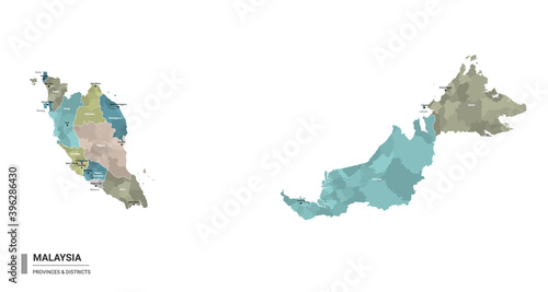 Malaysia higt detailed map with subdivisions. Administrative map of Malaysia with districts and cities name, colored by states and administrative districts. Vector illustration.