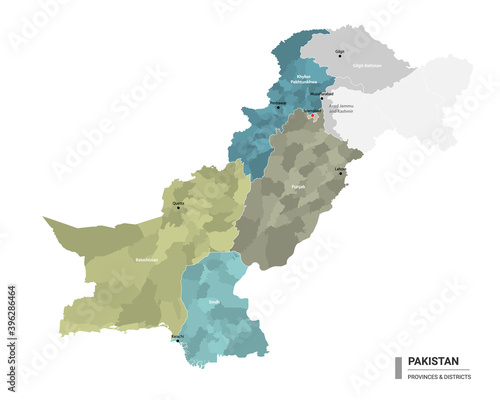Pakistan higt detailed map with subdivisions. Administrative map of Pakistan with districts and cities name, colored by states and administrative districts. Vector illustration.