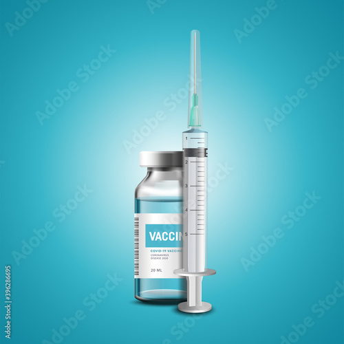 Creative design for Coronavirus vaccine vector background. Covid-19 corona virus vaccination with vaccine bottle and syringe injection tool for covid19 immunization treatment. Vector illustration.
