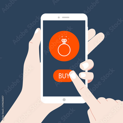 Mobile shopping concept. Hand holding the phone and shopping in the online store. Buys a ring for wedding bands, engagement or present. Flat vector illustration for shopping online. Eps 10.