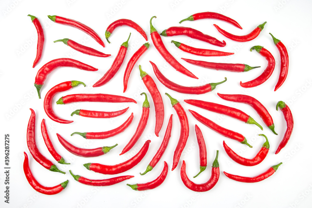 Red hot chili peppers over white background. Vitamin vegetable food Red hot chili peppers over white background. Vitamin vegetable food