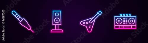 Set line Audio jack, Stereo speaker, Electric bass guitar and DJ remote and mixing music. Glowing neon icon. Vector.
