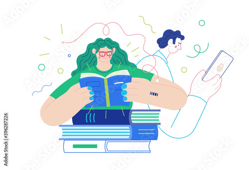 Business topics - advance training, education, skill development. Flat style modern outlined vector concept illustration. Man and woman reading books. Business metaphor.