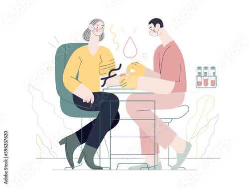 Medical tests illustration - blood test - modern flat vector concept digital illustration of blood test procedure - a patient and doctor with a syringe and test tubes, the medical office or laboratory
