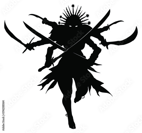 An enraged Indian multi-armed goddess Kali, rushes into battle with six blades at the ready, wearing a crown, her eyes glow in the dark, she is barefoot. 2 d illustration.