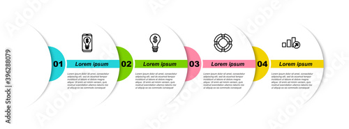 Set line Light bulb with dollar on mobile, , Business lifebuoy and Financial growth. Business infographic template. Vector.
