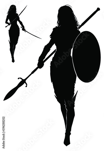 Black silhouette of a graceful knight girl with a beautiful spear and a round shield, she walks forward, she has long thick hair, she is ready for battle . 2D illustration