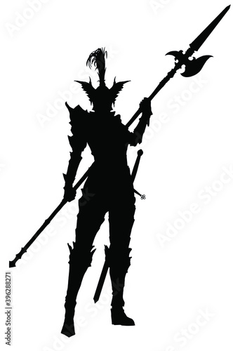 Black silhouette of a female knight in full plate armor, holding a halberd, a long sword on her belt, she stands ready for battle in a helmet with a tail. 2D illustration