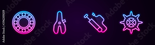 Set line Bicycle ball bearing, seat, air pump and sprocket crank. Glowing neon icon. Vector.