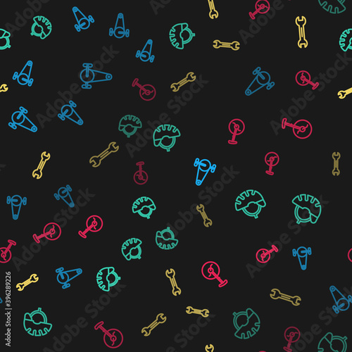 Set line Bicycle chain with gear, helmet, Wrench spanner and Unicycle or one wheel bicycle on seamless pattern. Vector.