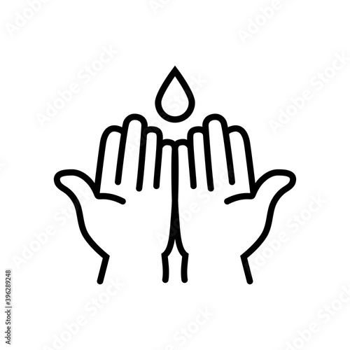 Higiene de manos. Icono plano manos abiertas con gota de líquido con lineas en color negro
