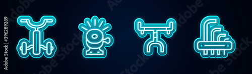 Set line Bicycle for kids, bell, handlebar and Tool allen keys. Glowing neon icon. Vector.
