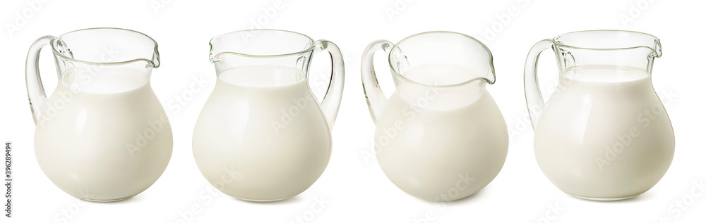 Set of milk jars isolated on white background. Glass pitchers for dairy products Set of milk jars isolated on white background. Glass pitchers for dairy products