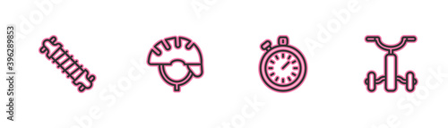Set line Bicycle suspension, Stopwatch, helmet and for kids icon. Vector.