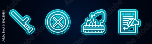 Set line Police rubber baton, X Mark, Cross in circle, Lying burning tires and Petition. Glowing neon icon. Vector.