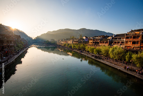 Scenery of old houses in Fenghuang City, Hunan Province, China. The ancient city of Fenghuang is regarded by UNESCO as a World Heritage Site.
