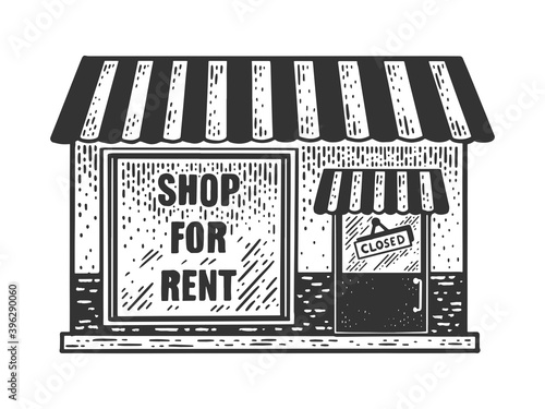 Closed shop for rent sketch engraving vector illustration. T-shirt apparel print design. Scratch board imitation. Black and white hand drawn image.