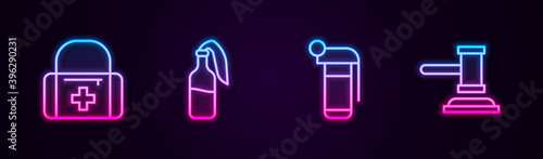Set line First aid kit, Cocktail molotov, Hand grenade and Judge gavel. Glowing neon icon. Vector.