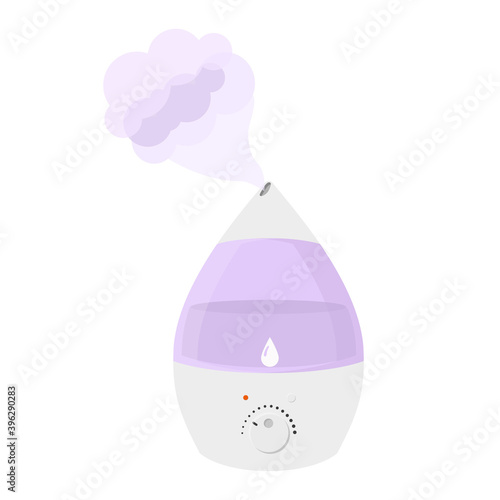 Purple humidifier with steam on white background