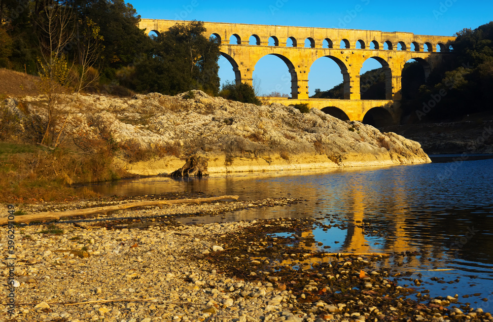 View of Pont du Gard, highest of Roman aqueducts that survived to this day, France