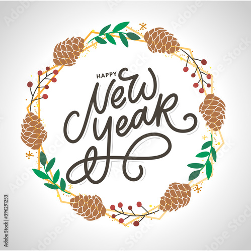 Happy New Year 2021 Beautiful greeting card poster with calligraphy black text word gold fireworks. Hand drawn design elements. Handwritten modern brush lettering white background isolated vector