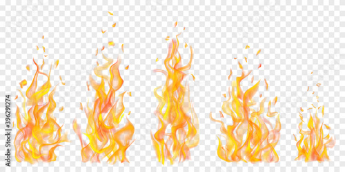 Set of translucent burning campfires of flames and sparks on transparent background. For used on light illustrations. Transparency only in vector format