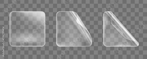 Transparent glued square stickers with curled corners mock up set. Blank adhesive paper or plastic sticker label with curled effect. Template label tags close up. 3d realistic vector icon