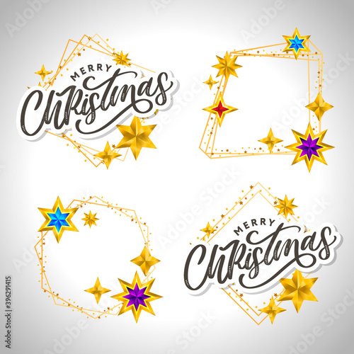 Merry Christmas card with hand drawn lettering and stars on dark background. Cute Holiday golden frame background