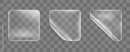 Transparent glued square stickers with curled corners mock up set. Blank adhesive paper or plastic sticker label with curled effect. Template label tags close up. 3d realistic vector icon