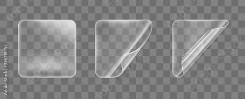 Transparent glued square stickers with curled corners mock up set. Blank adhesive paper or plastic sticker label with curled effect. Template label tags close up. 3d realistic vector icon