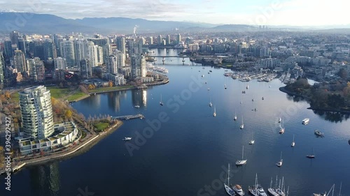 Aerial view of Vancouver downtown and yachts in False creek on a sunny day