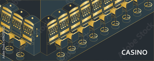 Casino slot machine in isometric flat style. One arm gambling device