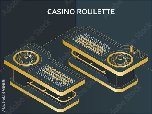 Casino roulette table in isometric flat style. Wheel, chips and dices