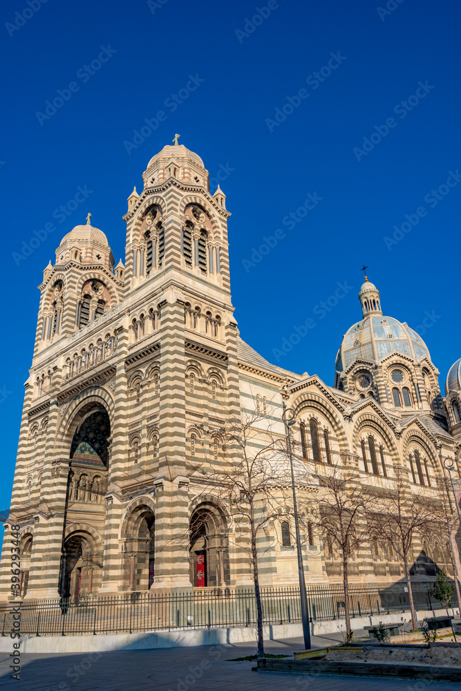 Magnificent Cathedral de la Major in Marseille illuminated with sunset at blue sky, Marseille, France, details, closeup