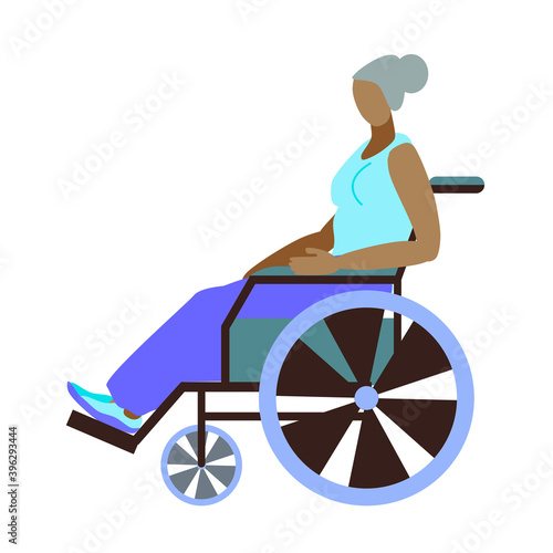 An African-American grandmother is in a wheelchair, isolated against a white background. Rehabilitation of the elderly. Character of the disabled person. Vector illustration in flat style.