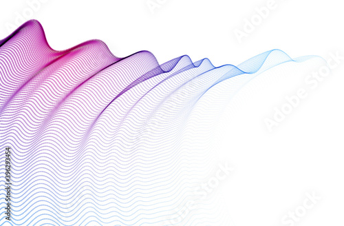 Flowing particles wave, transparent tulle textile on wind, dynamic motion curve lines. 3d vector illustration. Beautiful calming wave shaped array of blended points.