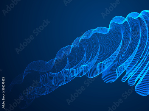 Flowing magic particles wave over dark, transparent tulle textile on wind, dynamic motion curve lines. 3d vector illustration. Beautiful calming wave shaped array of blended points.