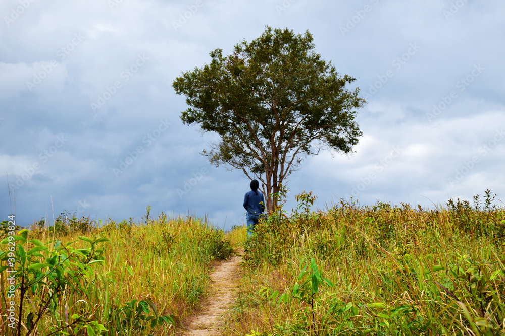 A momen standing on green mountain with grass beautiful landscape