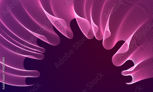 Flowing magic energy particles over dark, wave of blended dots transparent tulle textile on wind. Curved dotted 3d lines vector effect illustration. 3d futuristic style.