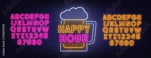Happy Hour neon sign on brick wall background . Yellow and pink neon alphabets. Template for the design.