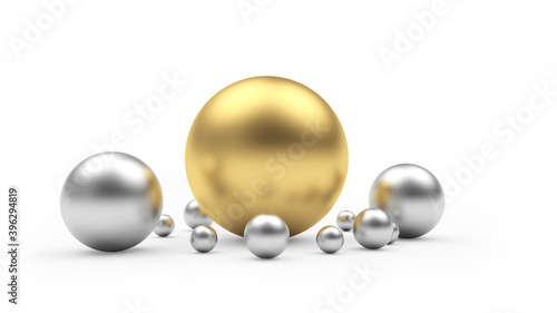 One large golden ball and several smaller silver spheres isolated on white. 3d illustration