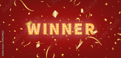 Winner gold marquee template. 3d light bulb text and confetti for Winner congratulations