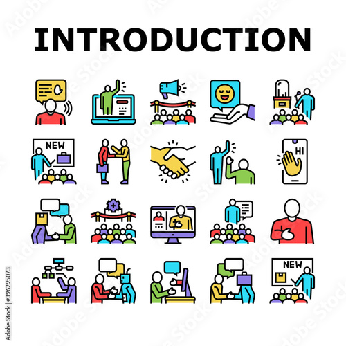 Introduction Speech Collection Icons Set Vector. New Product And Business Case Presentation, Employee And Artificial Intelligence Introduction Concept Linear Pictograms. Contour Illustrations